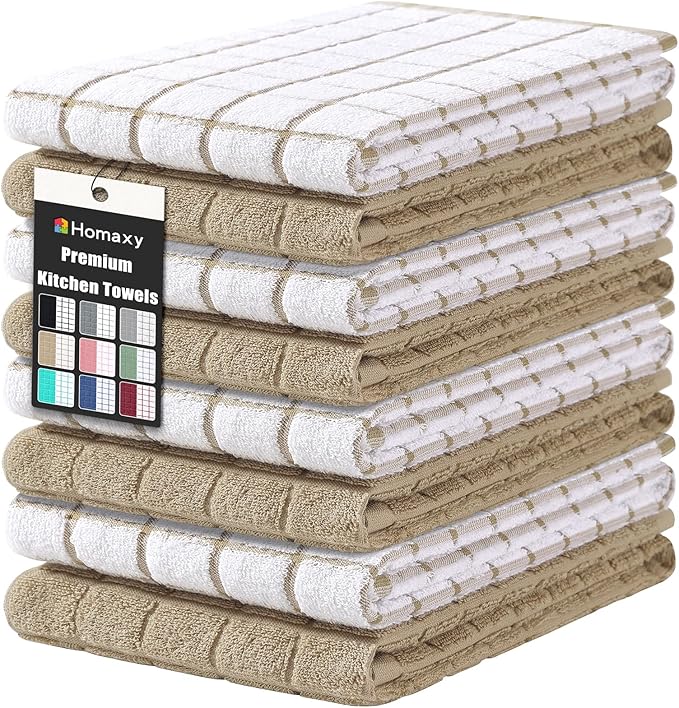 Homaxy Premium Cotton Kitchen Towels 16"x 28", Large Natural Ring Spun 390 GSM Dish Towels, Super Absorbent Terry Kitchen Hand Towels, Soft Tea Towels with Hanging Loop, Tan Check Design, 8 Pack