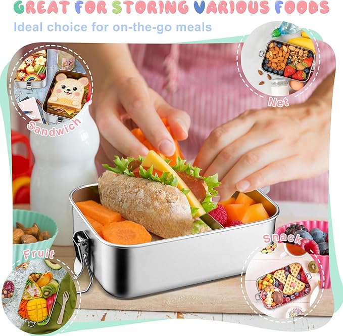 TeamFar Stainless Steel Bento Box, 2 Pack 28oz+47oz Metal Lunch Box with 3 Compartments for Adults Kids, 850ml+1400ML Lunch Food Containers for School/Work/Meal Prep, Leak-Proof & Dishwasher Safe