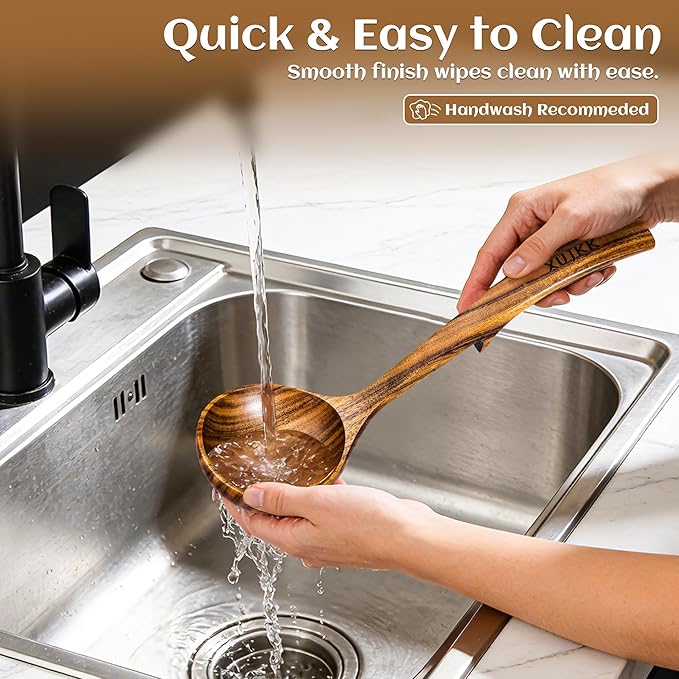 Wooden Ladle for Soup, Set of 3 Natural Teak Wood Ladle with Back Hooks, Wooden Soup Ladle for Cooking, Serving and Stirring | Comfortable Grip, Heat-Resistant &Non-Stick Teak Wooden Utensil Set
