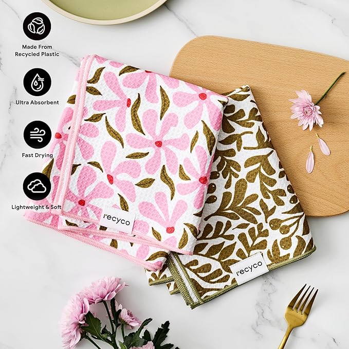 RECYCO Waffle Kitchen Towel Set of 2 - Quick Dry Microfiber Sustainable Dish Towels - Ultra Absorbent Reusable Cleaning Tea Towels - Lightweight Hand Towels,16”x 28”, Petal & Leaf