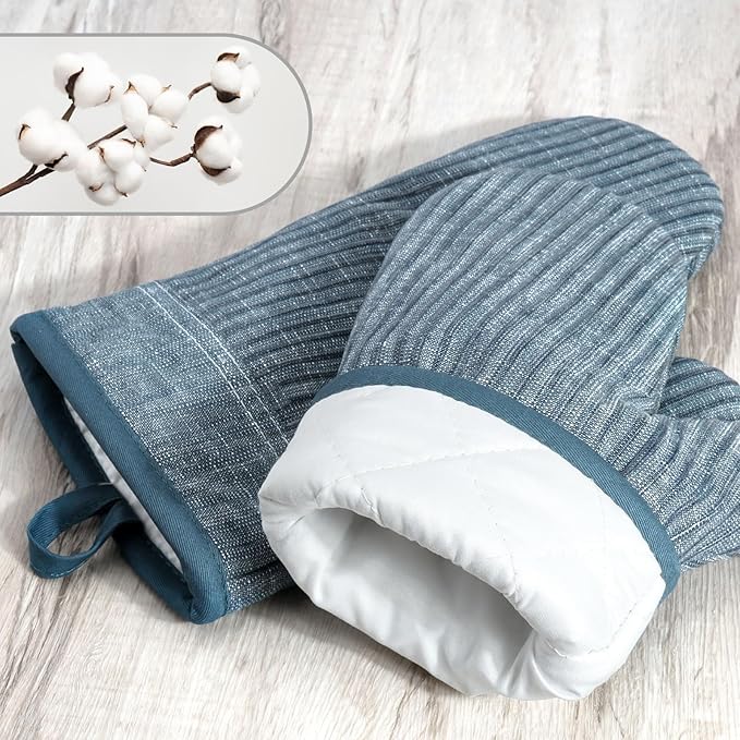 Oven Mitts and Pot Holders, Silicone Oven Gloves, 500 F Heat Resistant Oven Mitts Sets, Non-Slip Silicone Textured Grip, Blue