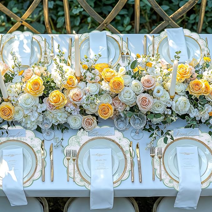 60 Pcs Sage Green Floral Paper Placemat, 13.5 Inch Disposable Scalloped Table Mats Wedding Placemats,Vintage Floral Banquet Place Mats for Mother's Day Wedding Bridal Tea Party Wildflower Party Decor