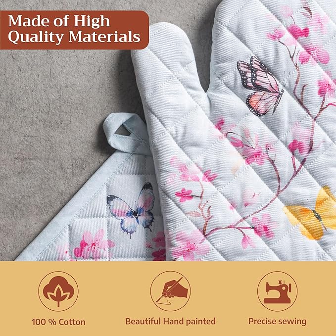 Maison d' Hermine 100% Cotton Oven Mitt & Pot Holder Set (7.5"x13" & 8"x8") Heat Resistant BBQ Cooking Gloves with Loop Grilling Kitchen Gifts for Mothers Day Spring/Summer (Blossoms in Spring)