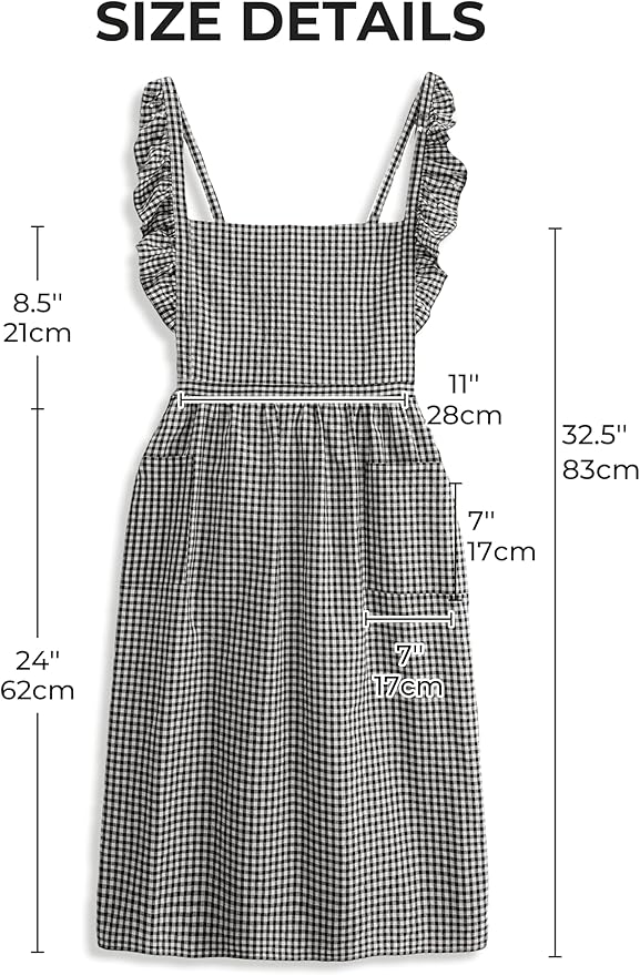 Vintage Gingham Apron for Women, Ruffle Straps, 2 Pockets, Soft Cotton, Apron Dress Style for Cooking & Baking