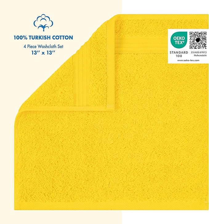 Cotton Paradise 100% Cotton Turkish Washcloth Set for Bathroom, 4 Piece Soft Absorbent Small Towels Wash Rags, Yellow