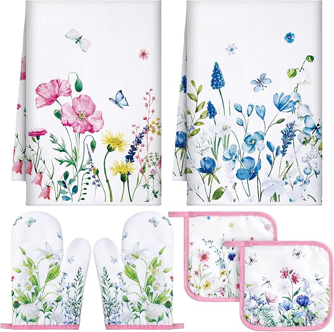 Leinuosen 6 Wild Flower Kitchen Towels Kitchen Decor and Accessories Set Floral Plant Oven Mitts and Pot Holders Sets Farmhouse Absorbent Dish Towels for Cooking Baking Grilling