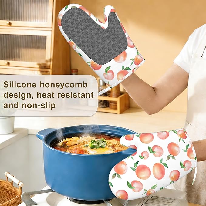 Watercolor Peaches Oven Mitts and Pot Holders Sets,Silicone Kitchen Mitts Potholders Heat Resistant 4Pcs Oven Gloves Hot Pads for Kitchen Baking Cooking