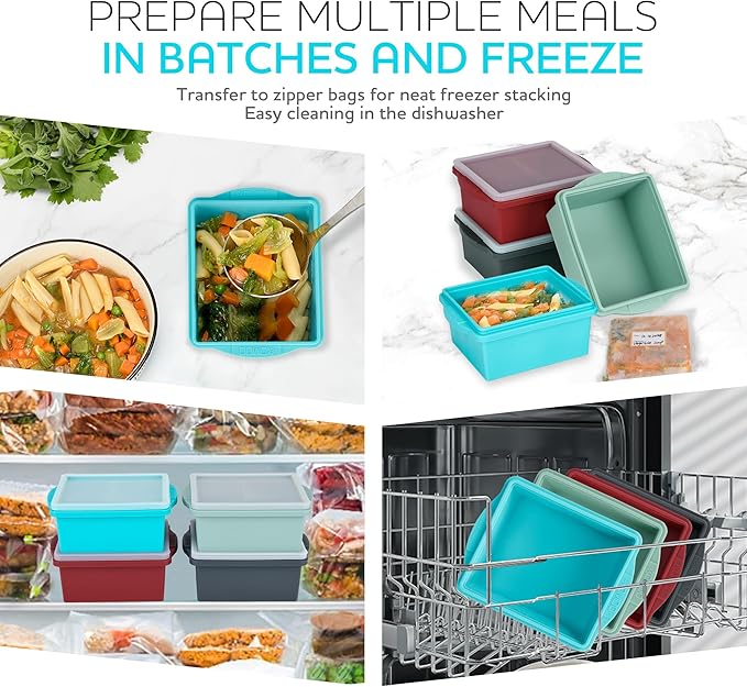 Xomoo 2 Cup Silicone Freezer Trays with Lids, Silicone Soup Freezer Molds - Leakproof, BPA-Free, Stackable, Microwave & Dishwasher Safe, Perfect for Soups, Sauces, Meal Prep, and Baked Goods - 4 Pack