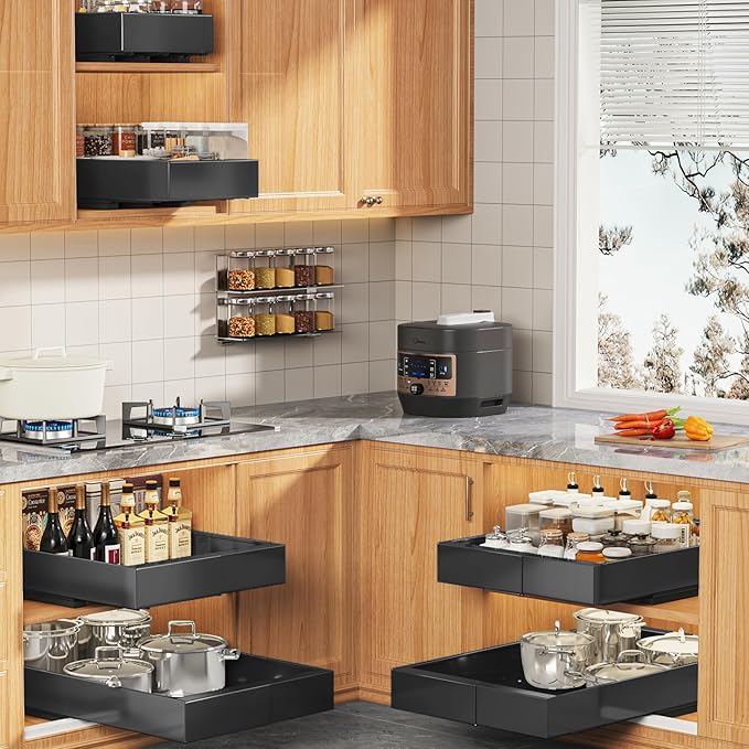 Seinloes 4 Pack Expandable (9"-14") Pull Out Cabinet Organizer 21" Deep With Raising Pad for Framed Cabinets,Upgrade 3 Slide Rails Slide Out Drawers,No Drill Roll Out Shelves Adhesive,Black