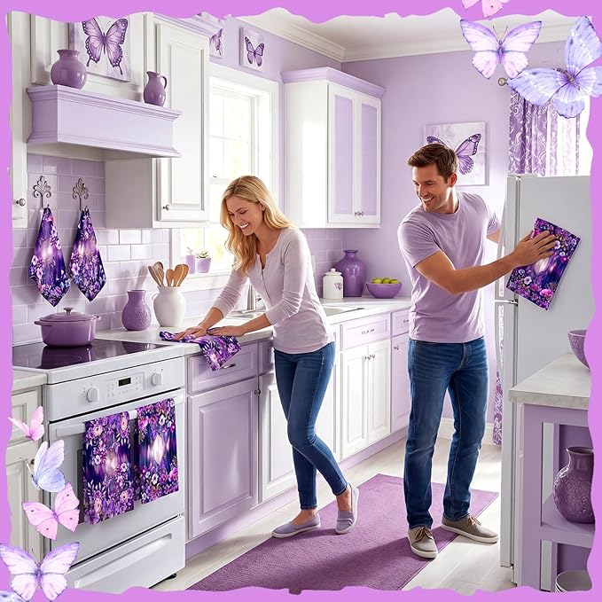 Breling Set of 6 Purple Butterfly Kitchen Towels Floral Butterfly Dish Towel Bathroom Decorative Purple Cloths for Kitchen Bathroom Home Cooking Housewarming Gifts, 14 x 21 Inch