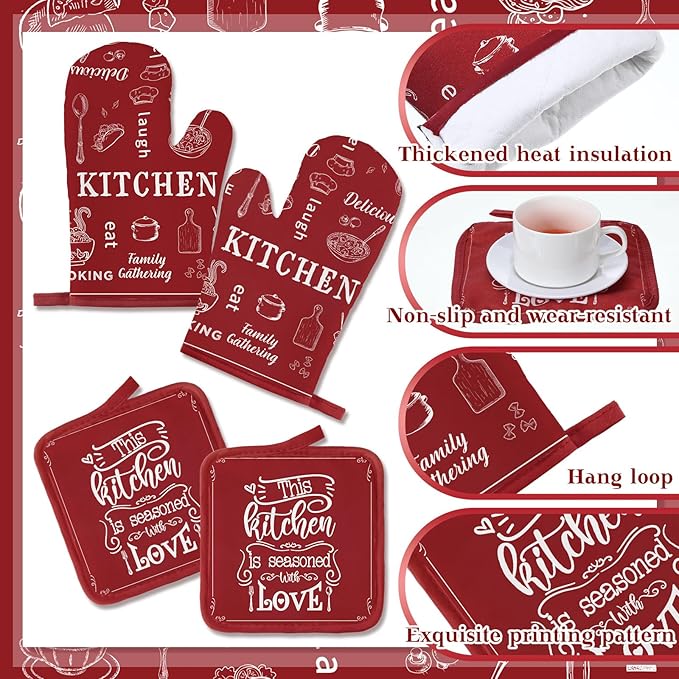Bencailor 12 Pcs Farmhouse Kitchen Decor and Accessories Sets 4 Red Kitchen Towels 4 Absorbent Dishcloths 2 Pot Holders 2 Oven Mitts Gloves for Home Decor Mom Gifts