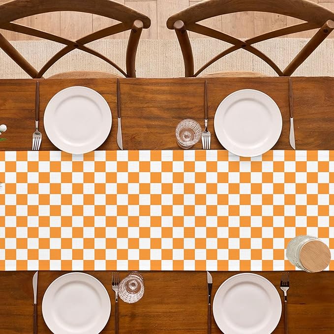 Orange Football Checkered Table Runner Tennessee Fall Thanksgiving Harvest Checkerboard Decoration for Wedding Birthday Bridal Baby Shower Home Party Kitchen Island Decor 13" x 72"
