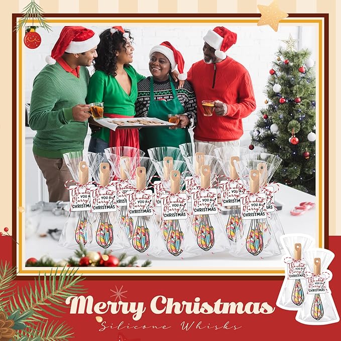 Baderke 20 Sets Baking Gifts Set Includes 8 Inch Silicone Whisk with Wood Handle Wired Stainless Steel Whisk Set Greeting Cards Plastic Bags for Party Birthday Christmas Stuffers Gift(Black)