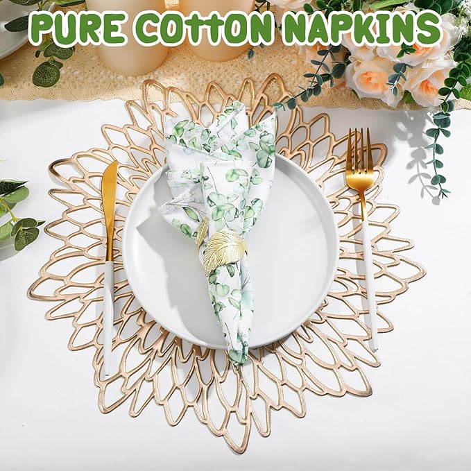 Tatuo Spring Flower Cotton Cloth Napkins Set of 24, 15 x 15 Inch Floral Dinner Napkins Soft Absorbent Washable for Family Cocktail Wedding Kitchen Dining Room Table Tea Party(Eucalyptus)
