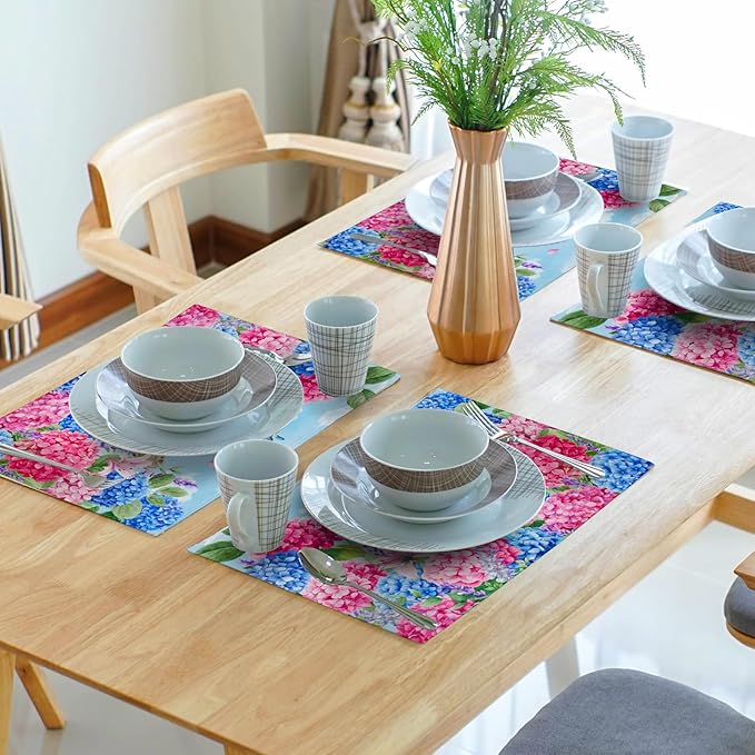 Hydrangea Flowers Cat Spring Placemat Set 12x18 in Seasonal Holiday Table Mats for Party Kitchen Dining Decoration