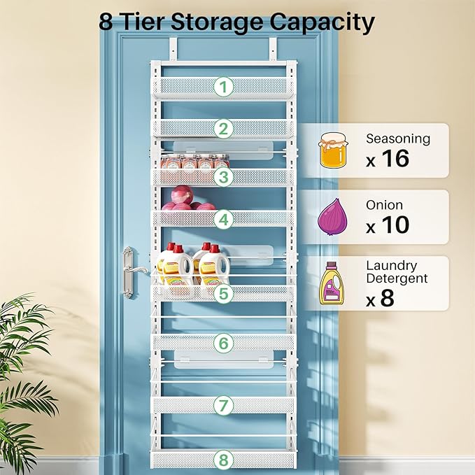 SNTD 8 Tiers Over the Door Organizer - Height Adjustable Pantry Organizers and Storage with Dense Mesh Baskets, Anti-Swing Hanging Door Spice Rack for Kitchen Bathroom (White, 17" W x 6" D x 69" H)