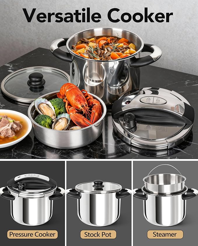MICHELANGELO Stainless Steel Pressure Cooker 6.3 Quart, 3-in-1 Olla de Presion, One-Hand Locking System, Induction Compatible, with Glass Lid & Steamer