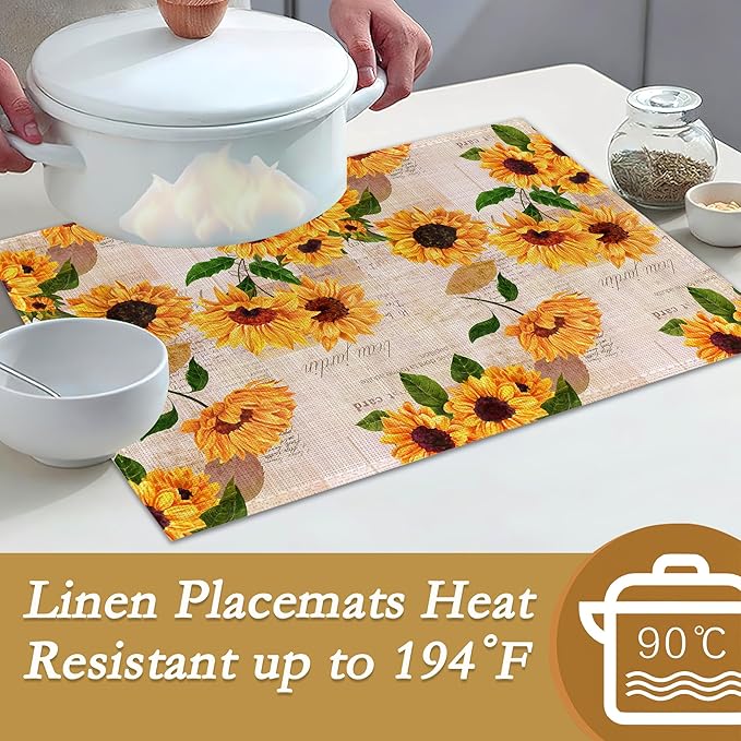 Yellow Watercolor Sunflowers Placemats Set of 6, 12x18 Inch Waterproof Stain Resistant Linen Table Placemats Summer Seasonal Farmhouse Kitchen Party Decor Home Decor