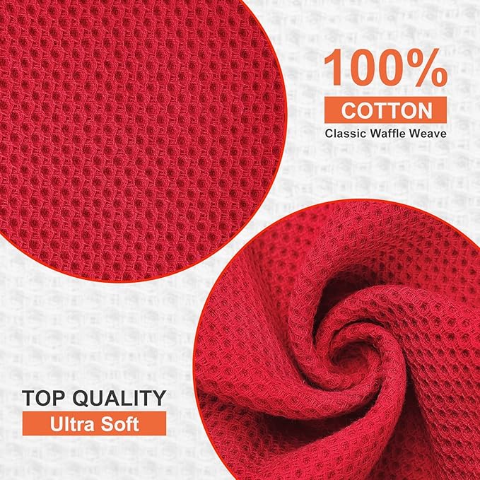 Kitinjoy 100% Cotton Kitchen Dish Cloths (12 X 12 Inches, Red), 8 Pack Waffle Weave Ultra Soft Absorbent Dish Towels for Drying Dishes Quick Drying Kitchen Towels Dish Rags