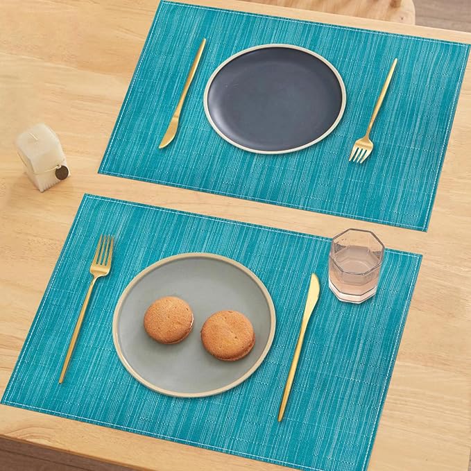 Niviy Teal Blue Placemats Set of 6, 12x18 Inch Washable Easy to Clean Heat-Resistant Anti-Skid Teal Blue Placemats for Holiday Party Kitchen Dining Room Decoration