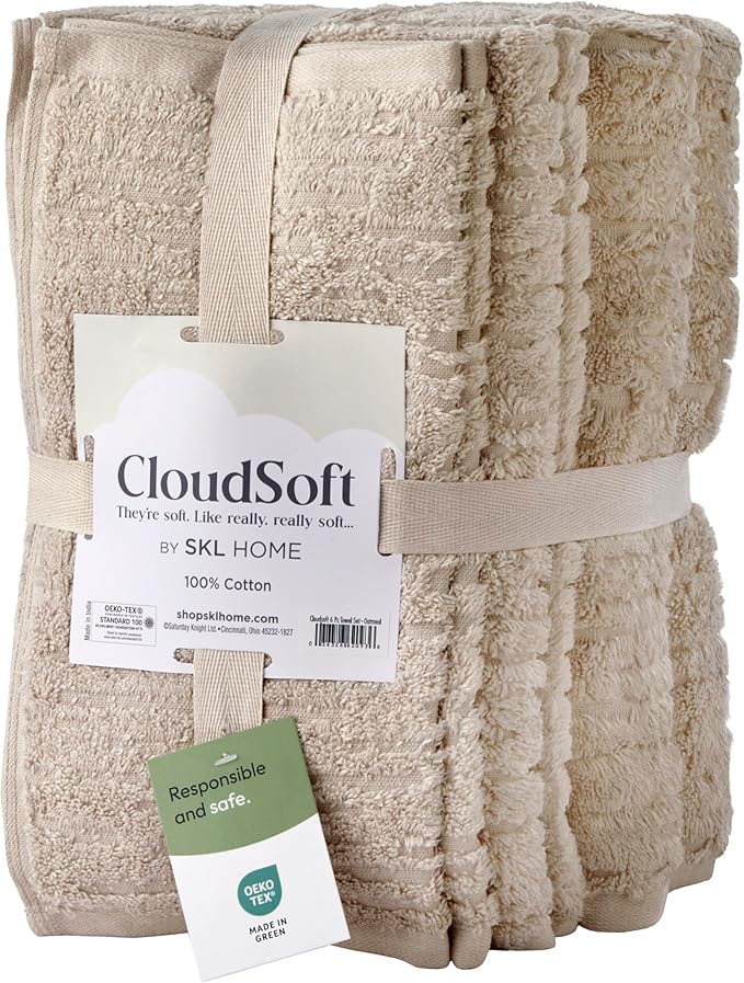 SKL Home CloudSoft 100% Cotton Luxury 6-Piece Towel Set, 600 GSM, Ultra Plush & Absorbent - 2 Bath Towels, 2 Hand Towels, 2 Washcloths, Oatmeal