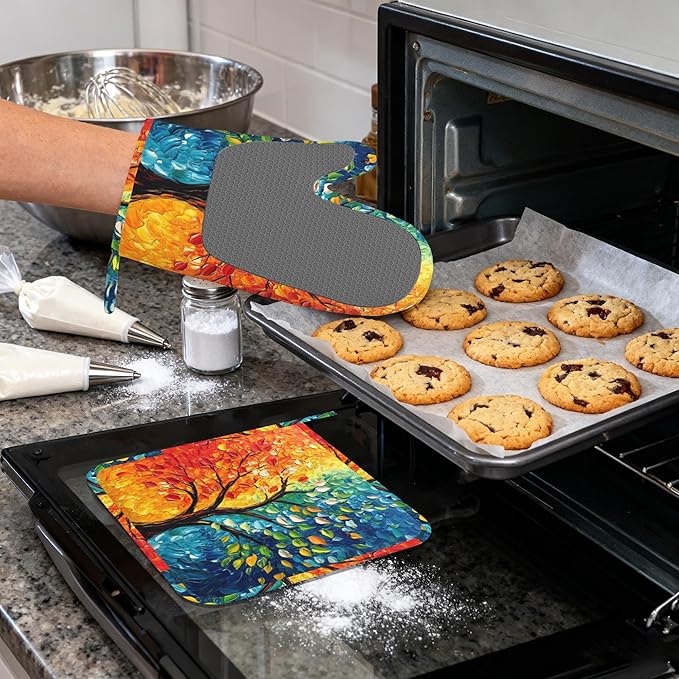 Tree of Life Silicone Oven Mitts and Pot Holders,Heat-Resistant 4 Piece Kitchen Set Non-Slip Oven Gloves and Hot Pads for Cooking, Baking, Grilling,BBQ