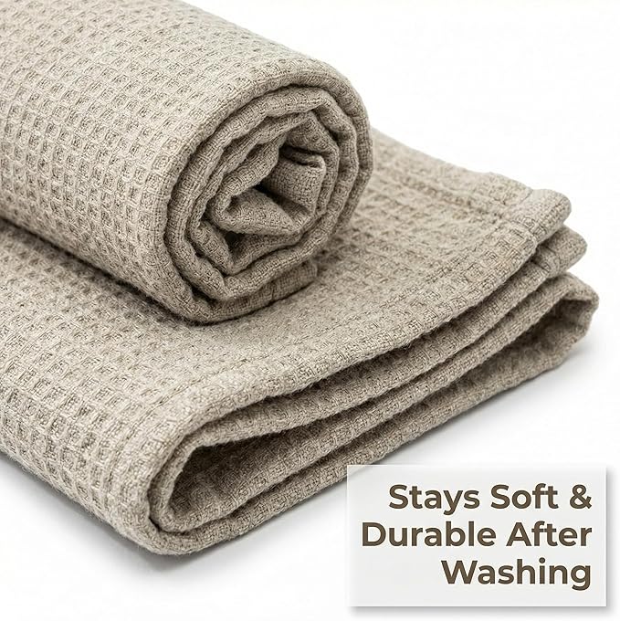 100% European Linen Hand Towels for Kitchen & Bath - Set of 2 - Waffle Weave, Highly Absorbent & Quick-Dry - 14 x 28 in - Stone Washed Flax