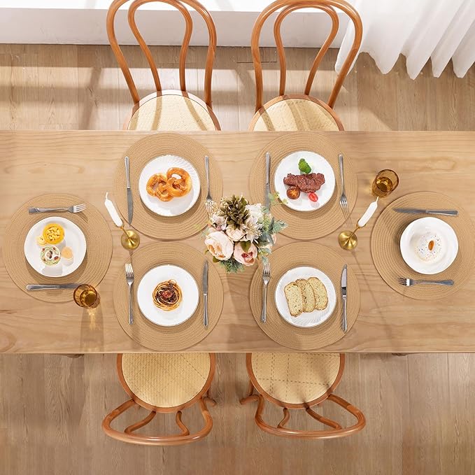SHACOS Round Placemats Set of 8 Washable 15 inch Round Placemat Cotton Polyester Woven Braided Table Place Mats for Dining Table Decor, Camel