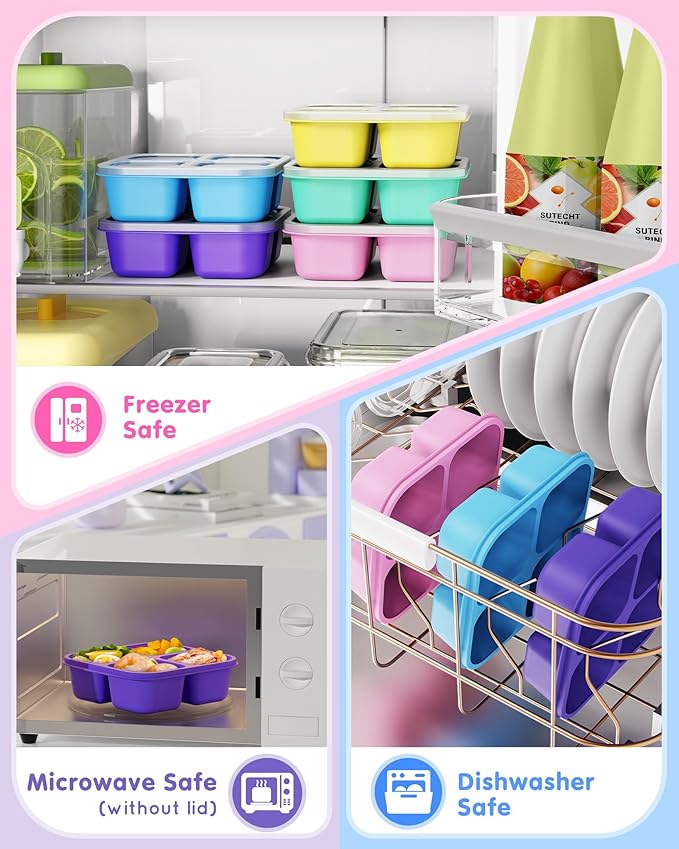 Canfanni 5 Pcs Bento Snack Containers, Reusable 4 Compartment Divided Food Storage Containers, Divided Lunchable Container for School, Work and Travel (Transparent Lids)