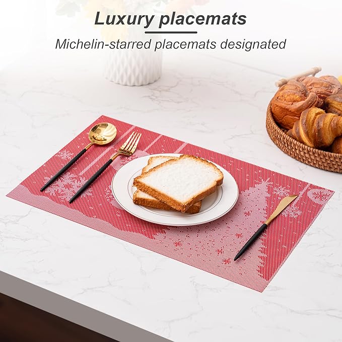 CADONO Placemats Set of 4 Washable Indoor/Outdoor Vinyl Place Mats for Dining Table Durable Non-Slip Heat Resistant PVC Weave Table Mats（Christmas Tree-Red）