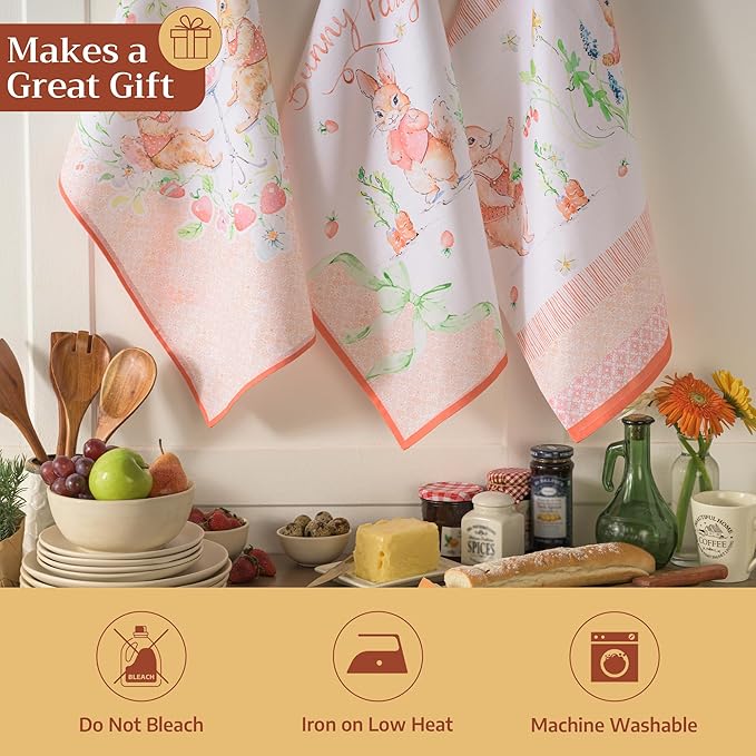 Maison d' Hermine Kitchen Towels Set of 3 100% Cotton 27.50" x 20" Reusable Cloth Tea Dish Towels Absorbent with Hanging Loop for Kitchen Gifts for Mothers Day Spring/Summer (Bunny Party)