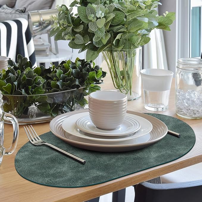 ADRIMER Placemats, Heat Resistant Oval Placemats Set of 12 Washable 12 x 17 Inch, Waterproof Table Mats, Wipeable Pu Place Mats for Kitchen, Dining Room, Blue & Green