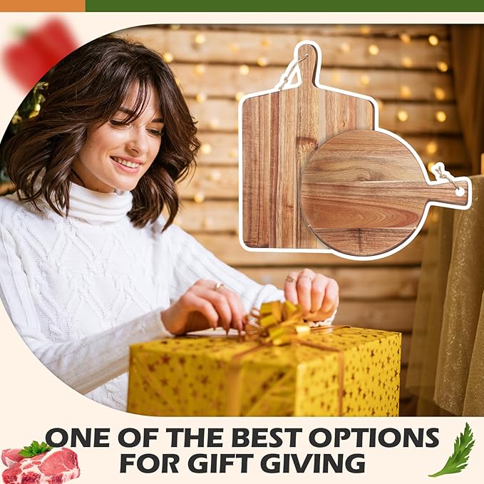 Hsei 2 Pcs Acacia Wood Cutting Board with Handle Wooden Charcuterie Board Large Paddle Carving Chopping Set Butter Serving Tray for Cheese Meat Fruit Pizza Bread(Vintage Style, 16x12, 17x13 Inch)