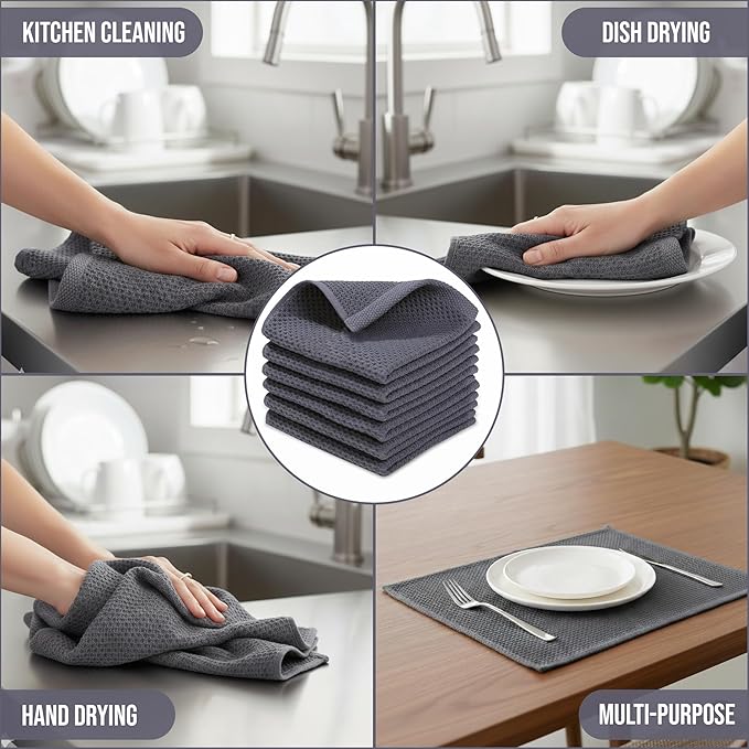 100% Cotton Waffle Weave Kitchen Dish Cloths 6-Pack– Ultra Absorbent & Quick Dry Cleaning Towels for Dishes, Counters & Kitchen Use – Soft, Durable & Lint-Free13.50 X 13.50 inches (Gray)
