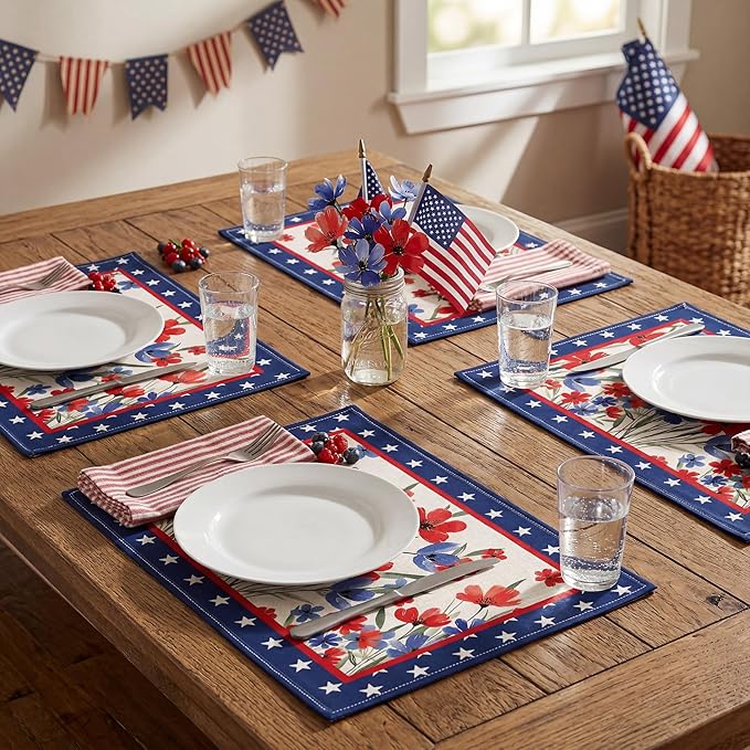 Patriotic Red White Blue Floral Placemats, USA 250th Anniversary 1776-2026 Independence Day Placemats, Watercolor Floral Patriotic Table Mats for 4th of July Memorial Day Party Decor, Set of 4