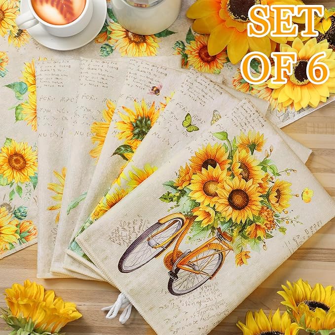 Bencailor 6 Pcs Sunflower Kitchen Towels Decorative Sets Dish Towels Absorbent Fast Drying Hand Tea Vintage Hanging Reusable Cleaning Dishcloths for Cooking Farmhouse Bathroom Accessory