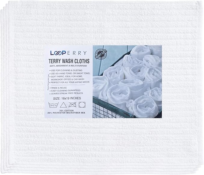 Looperry White Terry Cloth Rags (16 Pack) 16"x19" Inches Ribbed - Lint Free Dish Cloth Multipurpose Cleaning Rags for Housekeeping, Car Wash. Absorbent & Reusable Bar Mop Towels for Kitchen Cotton