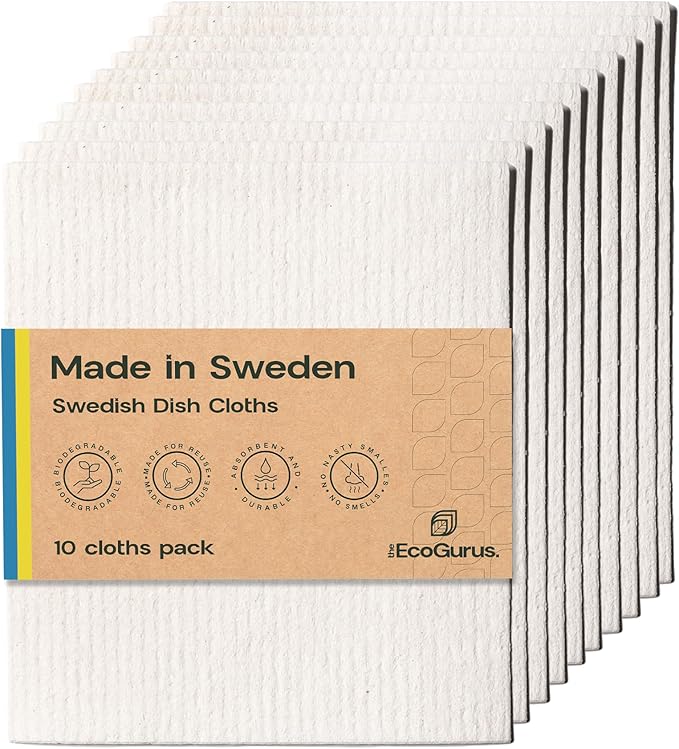 10 Pack Odour-Resistant Reusable Cleaning Cloths | Original Swedish Dishcloth | Made in Sweden | Suitable for All Surfaces | Biodegradable Cellulose Sponge | Kitchen & Bathroom | White
