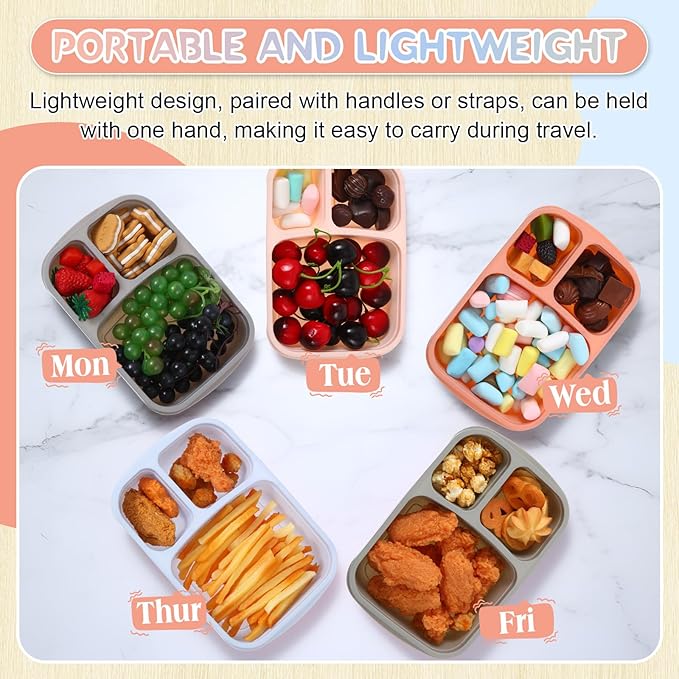 Honeydak 5 Pack Snack Containers 3 Compartment Bento Snack Boxes Divided Meal Prep Containers with Lids Reusable Adults Lunch Food Storage Box for School Work Travel(Blue Gray Brown)