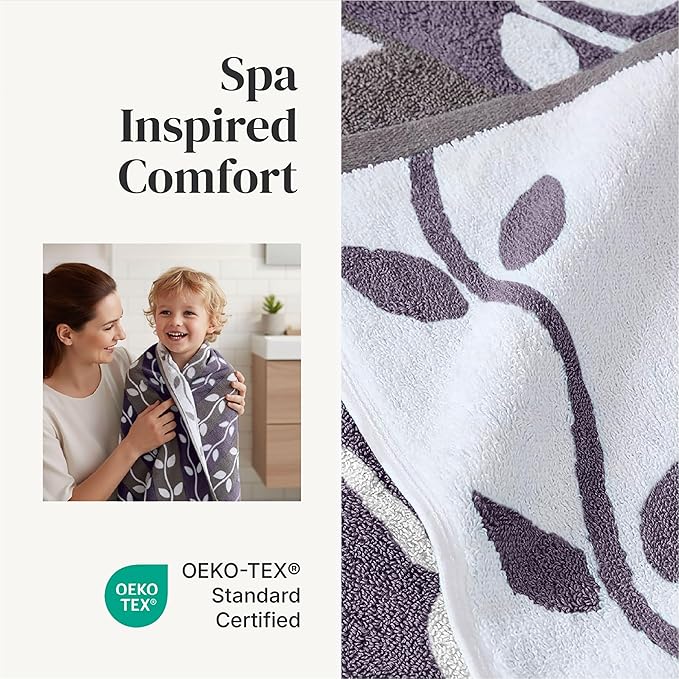 Modern Threads Natural Vine 6-Piece 100% Cotton Towel Set – Yarn Dyed Jacquard – Includes 2 Bath Towels, 2 Hand Towels, 2 Washcloths – Absorbent, Quick Dry, Soft & Durable – Purple