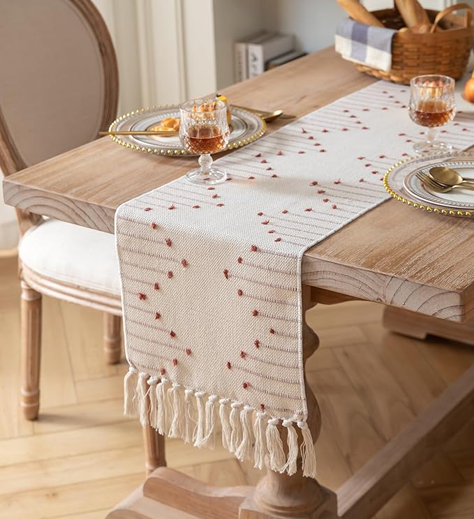 Boho Table Runner 13 x 72 Inch Long Natural Cotton Woven Runner with Tassels for Fall Home Dining Table décor, for Modern Farmhouse Decor Coffee Table Runner, Rust and Beige