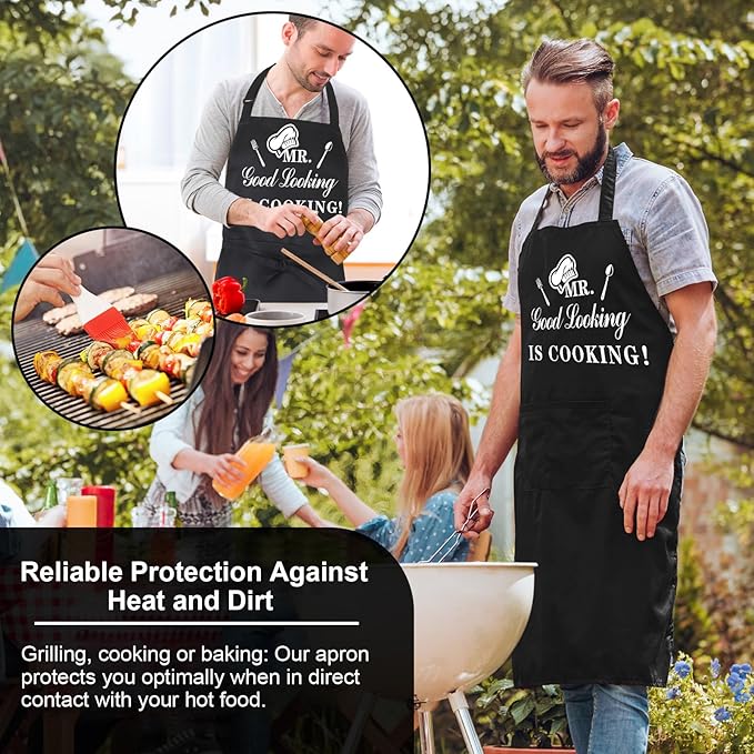 Funny Aprons for Men, MR GOOD LOOKING IS COOKING, Professional Kitchen Cooking Apron Chef Husband Bib Aprons With Double Pocket Adjustable for Father's Day Birthday Gift
