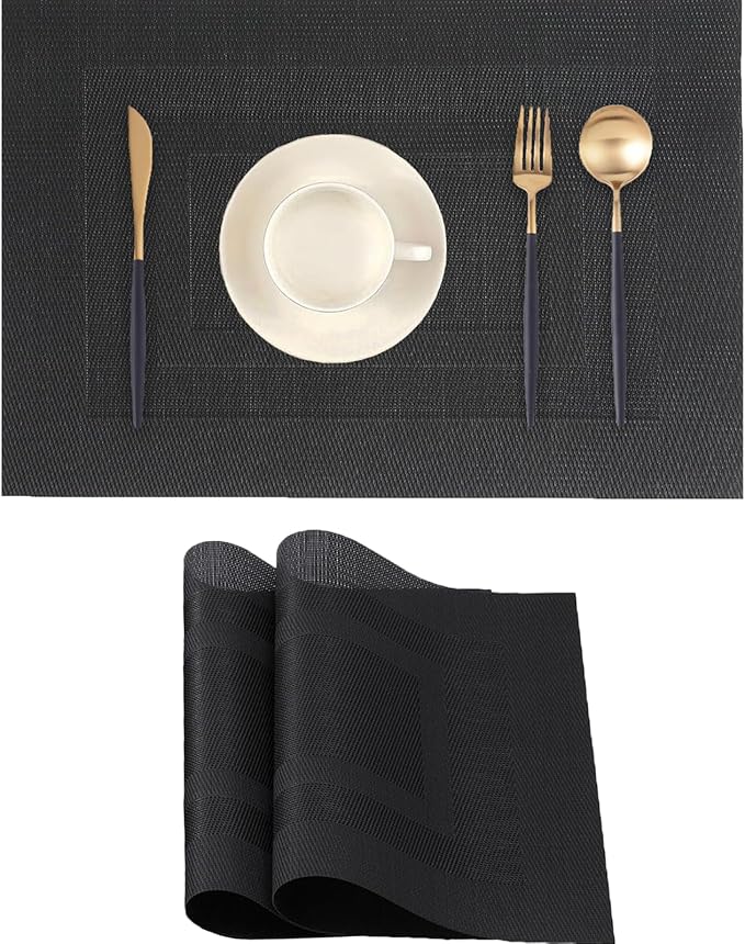 Pure Black Placemats Set of 2 - Heat Resistant Non-Slip Place mats for Dining Table, Washable Durable PVC Vinyl Woven Table Mats (Pure Black, 2)