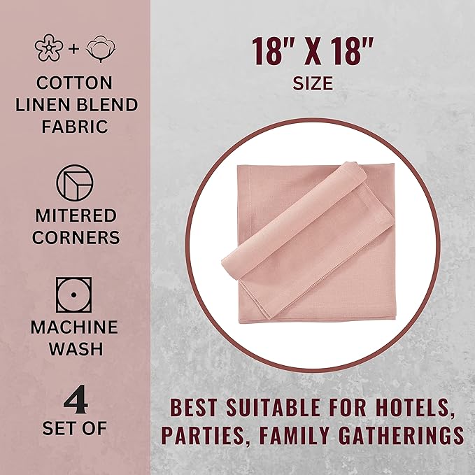 Cloth Napkins Dinner Washable Set of 4 in Cotton Linen Fabric Premium Quality, Mitered Corners for Reusable Every Day Use Pre Shrunk and Good Absorbency Christmas Cloth Napkins (Pack of 4, Pink)