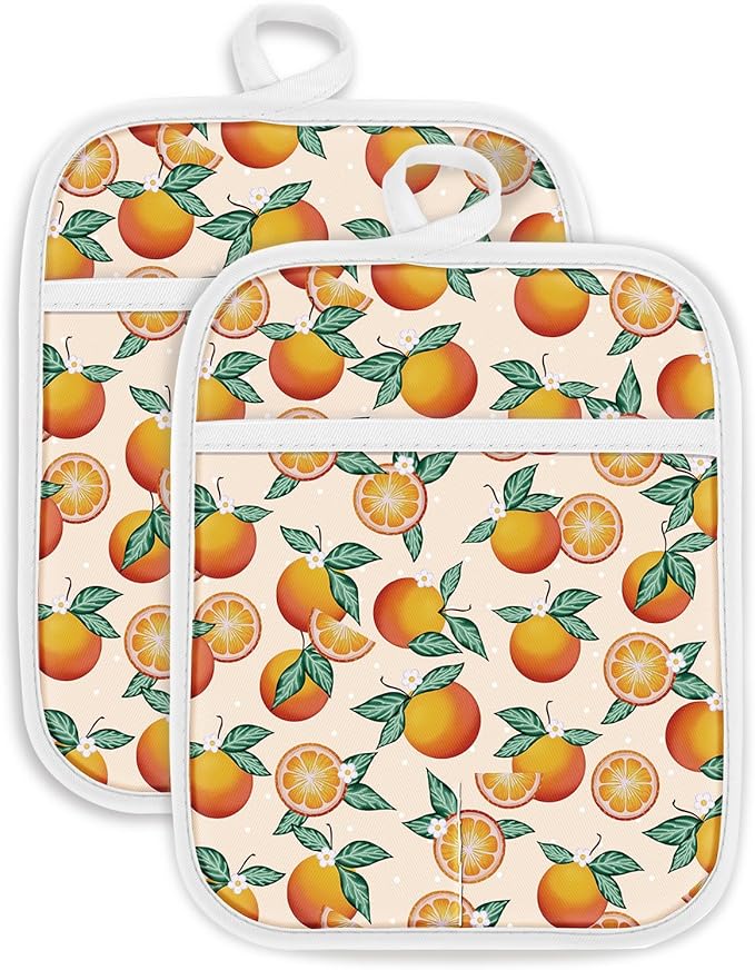 Swooflia 100% Cotton Pot Holders 2 Pack Set for Kitchen with Pockets - Cute 440°F Heat Resistant Oven Hot Pads Heavy Duty for Countertop Home Cooking Baking Microwave BBQ Orange