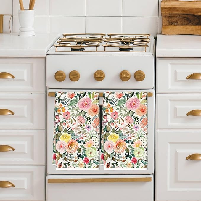 JarThenaAMCS Floral Kitchen Towel Watercolor Flower Dish Towel 18 x 28 Inch Vintage Rose with Leaves Hand Drying Tea Towel for Cleaning Wiping, 2Pcs