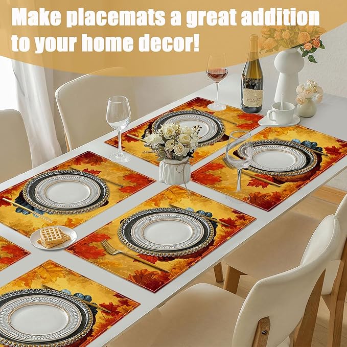 Thanksgiving Turkey Placemats Set of 6, Fall Maple Leaf Linen Place Mat Washable Stain Resistant Table Mats for Farmhouse Kitchen Party Decor 12x18 Inch