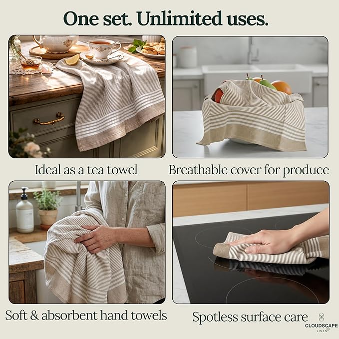 CLOUDSCAPE Kitchen Towels 12 Set 18”x28” Cotton Blended Hand Towels with Hanging Loop - Quick-Drying Dish Towels for Kitchen Essentials, Highly Absorbent, Dish Cloths Set for Washing Dishes - Beige