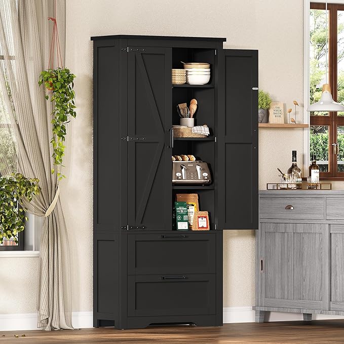 TEENFON 66.1" H Storage Cabinet, Farmhouse Kitchen Pantry Cabinet with 2 Drawers & Adjustable Shelf, Bathroom Cabinet, for Living Room, Kitchen, Bathroom, Black