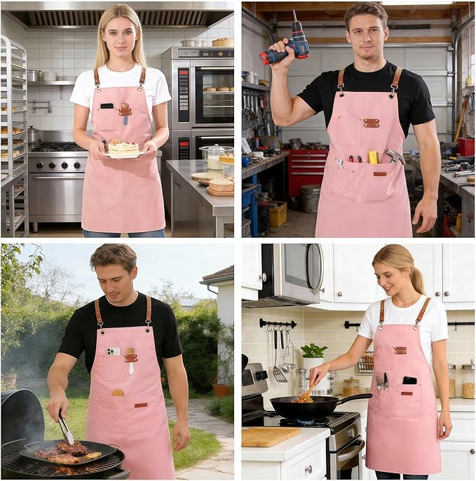 Chef Aprons for Men Women with 4 Large Pockets, Cotton Canvas Cross Back Adjustable Apron for Work grilling kitchen gardening